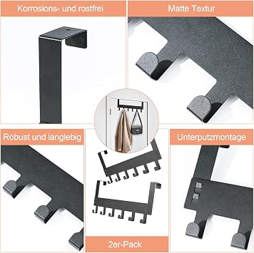 2 Pack Over Door Hanger, Black Door Hanger, Over Door Hooks with 6 Hooks for Bathroom, Bedroom, Kitchen,Coats, Hats, Bags, Clothes, Towels