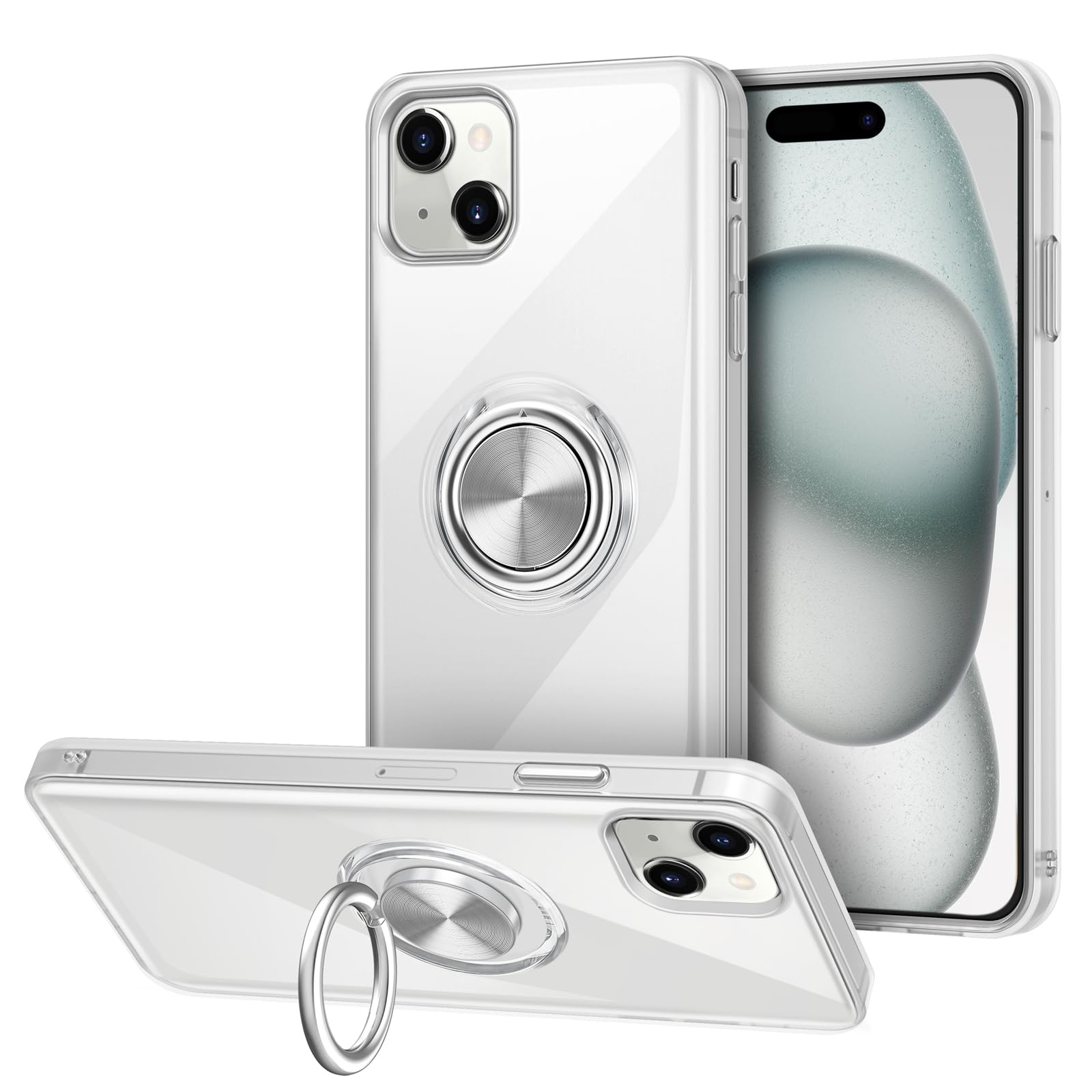 VUNAKE for iPhone 15 Plus Case with Ring Holder iPhone 15 Plus Phone Case Anti-Yellowing Clear Case Soft TPU Shockproof Bumper 360° Rotatable Metal Plate Protective Case for iPhone 15 Plus 6.7 inch
