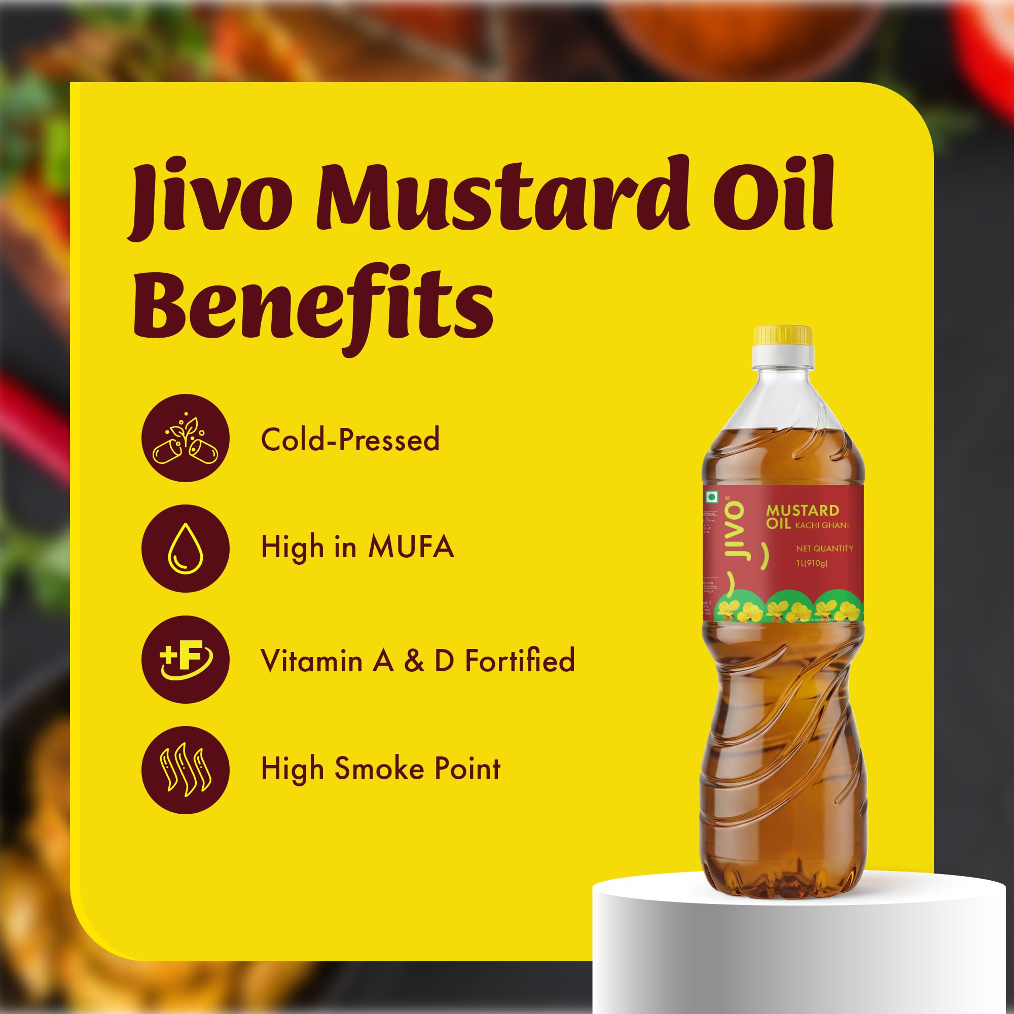 JIVO Olio da cucina quotidiano Kachi Ghani spremuto a freddo, senza sostanze chimiche, senape, 1 litro | Consigliato per arrostire, friggere, cuocere tutti i tipi di cucine |