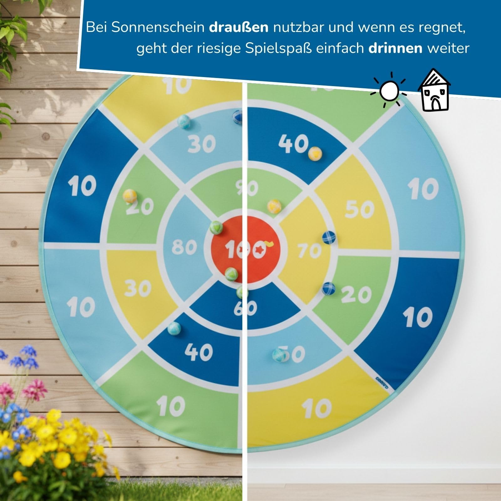 alldoro 60061 XXL Dart-Scheibe Ø 142 cm, riesiges, faltbares Klett-Dartboard, Indoor & Outdoor Wurfspiel für Kinder, 12 Klettbälle + Tragetasche, bunt