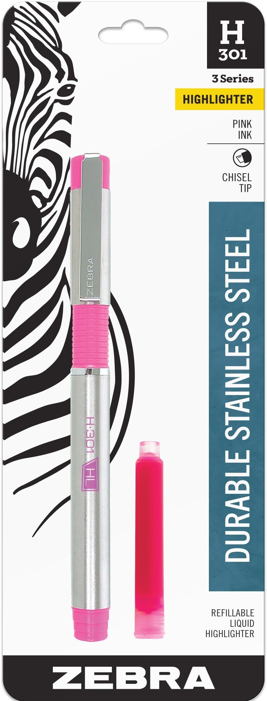Zebra Pen H-301 Stainless Steel Highlighter with Extra Refill, Chisel Tip, Pink Ink, 1-Pack (76071)