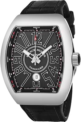 Franck Muller Vanguard Automatic Watch - Tonneau Analog Black Face Mens Watch with Luminous Hands, Date and Sapphire Crystal - Black Band Swiss Made Luxury Automatic Watch for Men V 45 SC DT AC NR