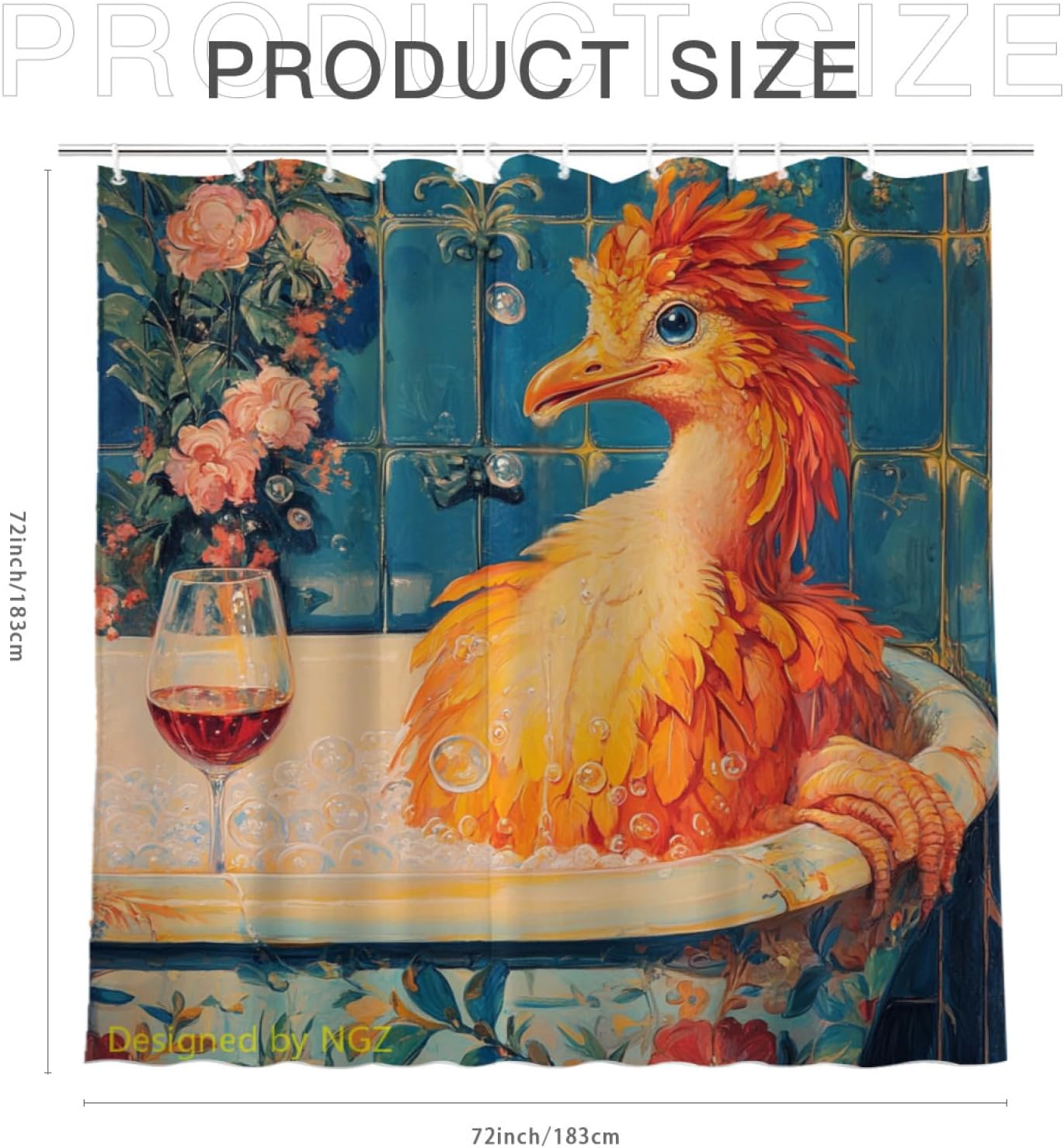 NGZ Funny Phoenix Bird Shower Curtain, SPA with Wine, Blue Shower Curtain, 72x72 Inches Shower Curtains for Bathroom, Bath Curtains Set with 12 Hooks
