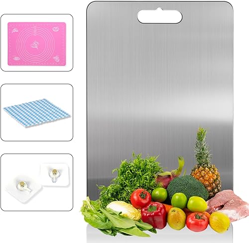 Miniatura 9 de MICZG Tabla de cortar para cocina, fácil de limpiar, tabla de cortar de acero inoxidable de grado alimenticio de doble cara para mostrador del