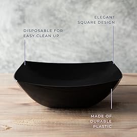 PLASTICPRO Disposable Square Serving Bowls, Party Snack or Salad Bowl, Plastic Black Pack of 4, 32 OUNCE, Black