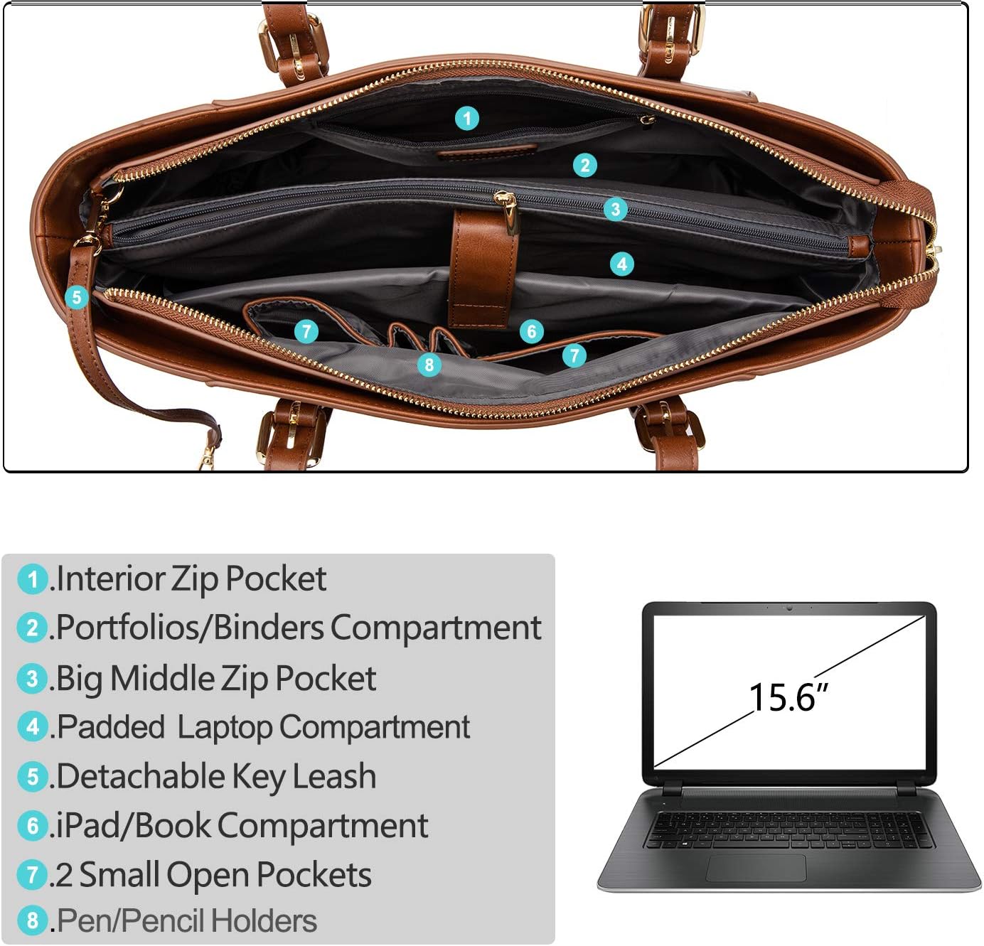 LOVEVOOK Laptop Bag for Women, Structured Leather Computer Bag, Professional Work Tote Purse, Teacher/Attorney’s Choice, Retro-Brown - Image 6