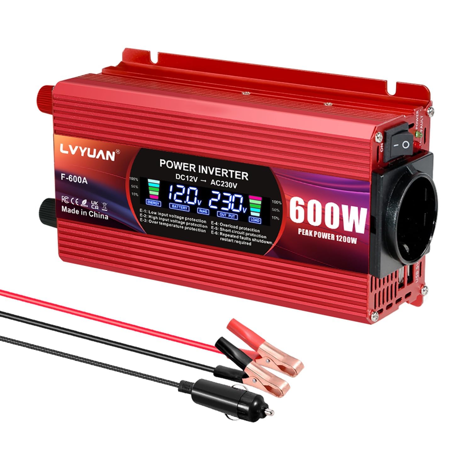 LVYUAN 600W/ 1200W Convertidor de tensión CC 12 V a CA 220V Convertidor de Corriente Inversor para Coche, Autocaravana, camión