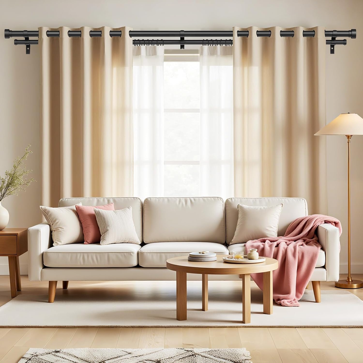 Time Forest 1 Inch Double Curtain Rods for Windows 72 to 144 Inches(6-12 Feet), Adjustable Heavy Duty Curtain Rod with Classic Cap Finial, Telescoping Modern Style Decorative Drapery Rod, Black