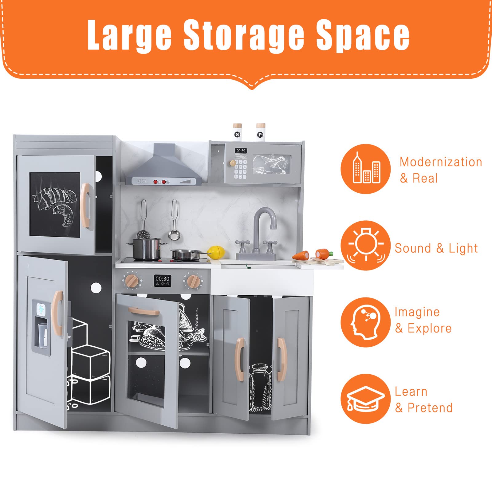 Wooden Kids Kitchen Playset with 20-Piece Cookware Accessories and Realistic Features - Ice Maker, Microwave, Oven, Range Hood, Sink, Lights and Sounds, Gray