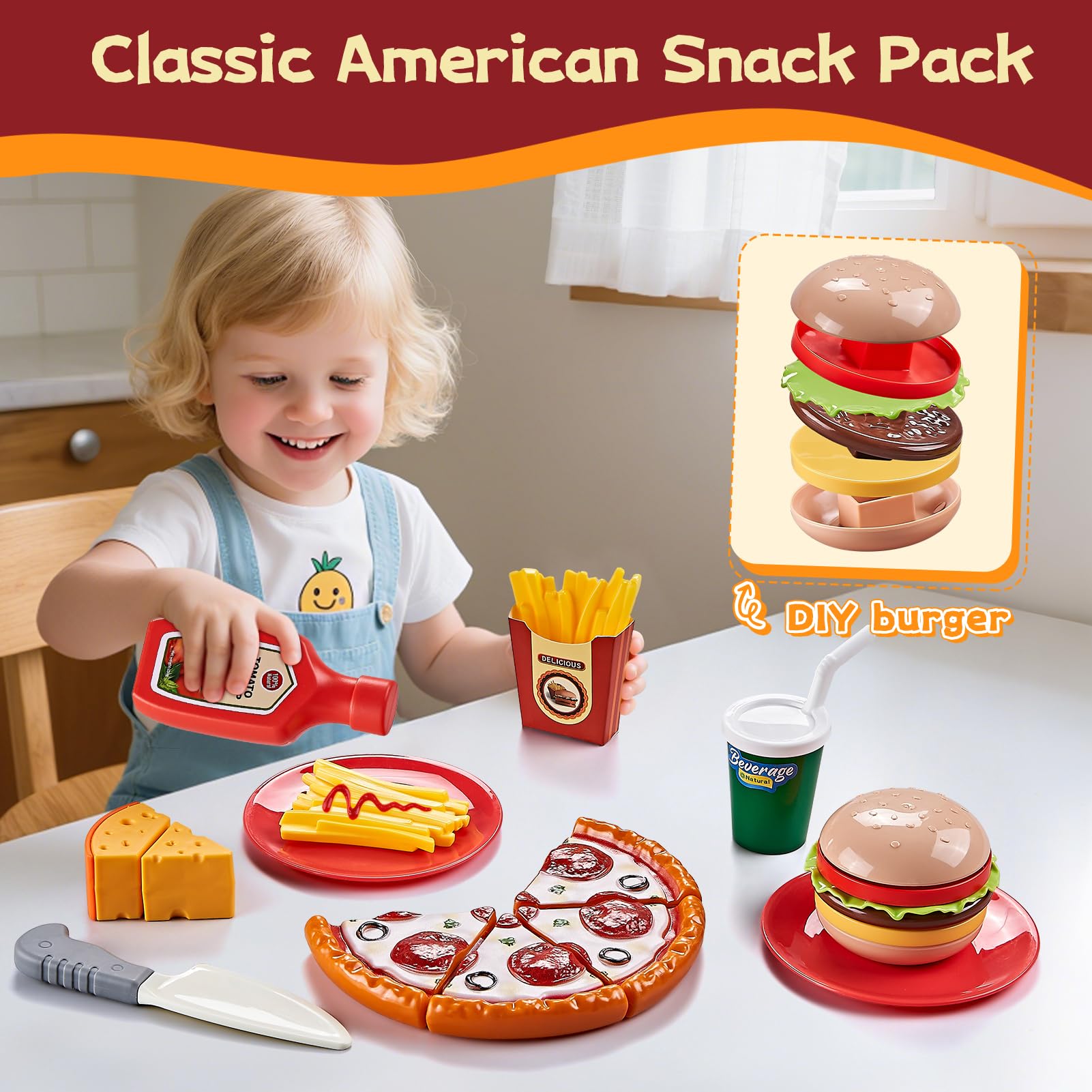 Spiellebensmittel-Set für die Kinderküche, Internationale Küche mit Schneidespielzeug-Lebensmitteln wie Pizza, Sushi und Gebäck, inklusive 2 Körben, Jungen und Mädchen.