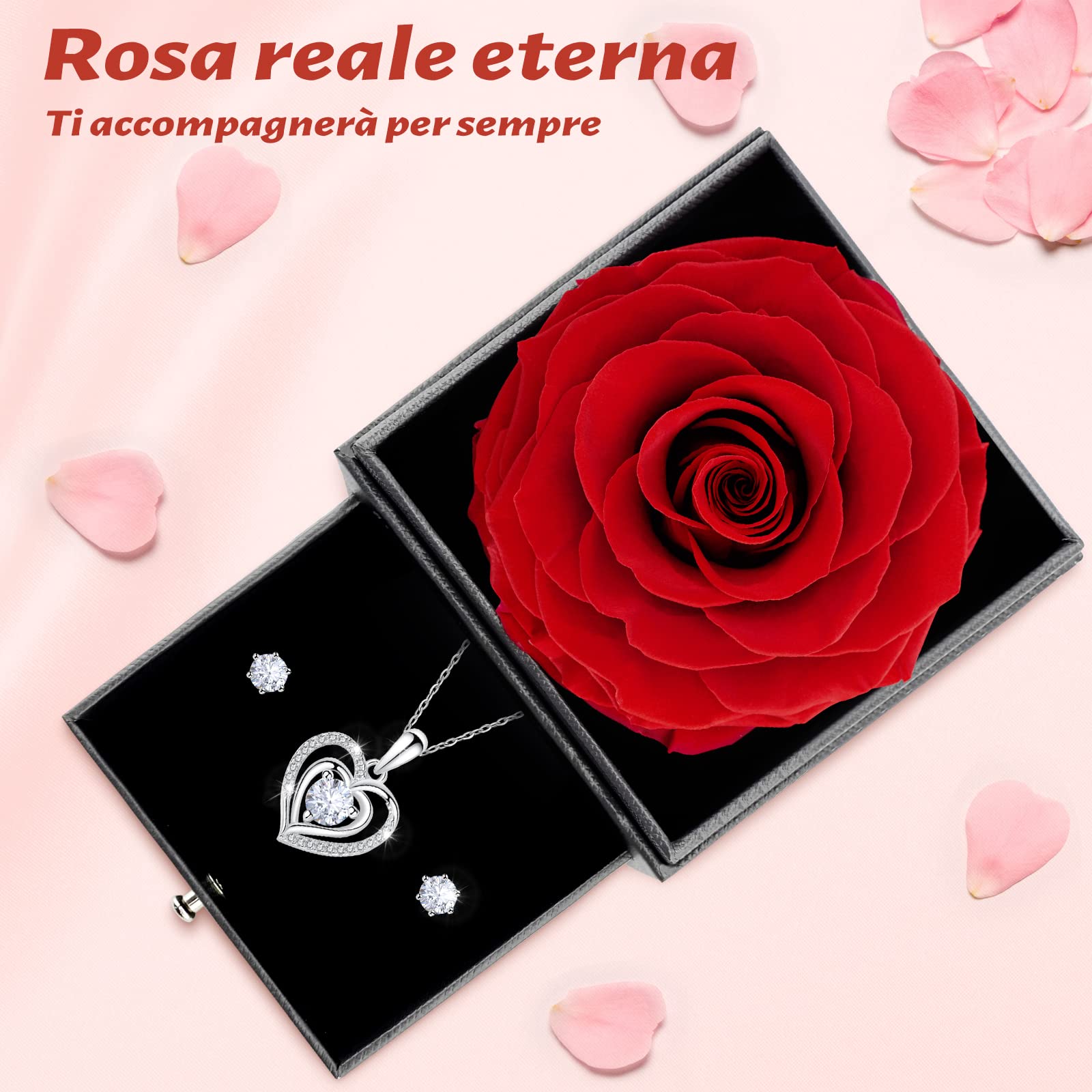 Sunia Festa della Mamma Idee Regalo, Vera Rosa Eterna con Collana Argento 925 Donna con e Orecchini, Rosa Stabilizzata Vera, Regalo Mamma Donna Compleanno, Regalo Festa della Mamma