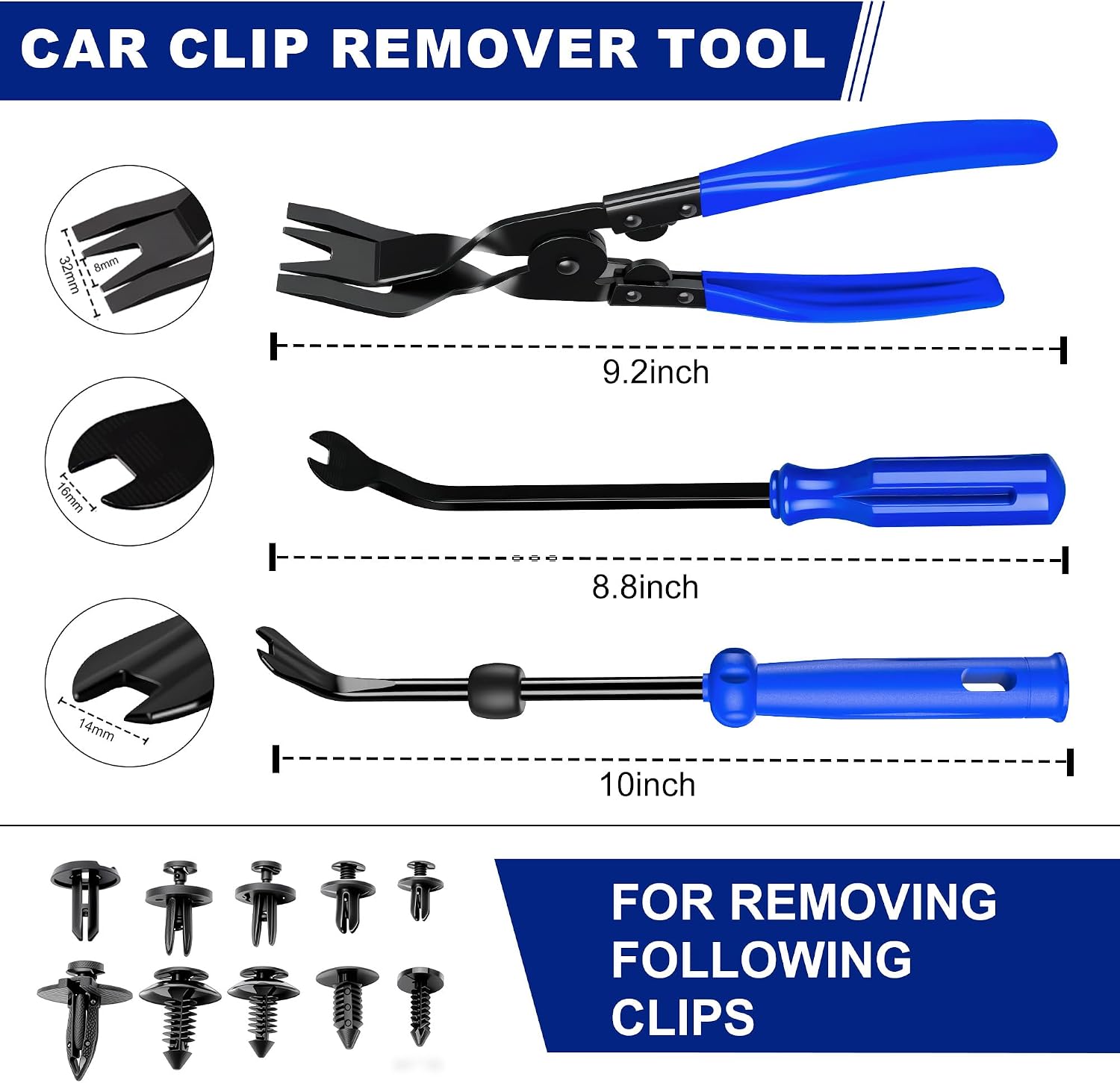 10 Pcs Car Trim Removal Tool Kit with Non-Scratch Plastic Pry Tool and Auto Clip Pliers, Automotive Car Trim Rivet Clip Removal Tool for Door Panel Dashboard Body Repair Kit -Blue | High-strength impact-resistant nylon material,Suitable for automotive interior and exterior trim repairs