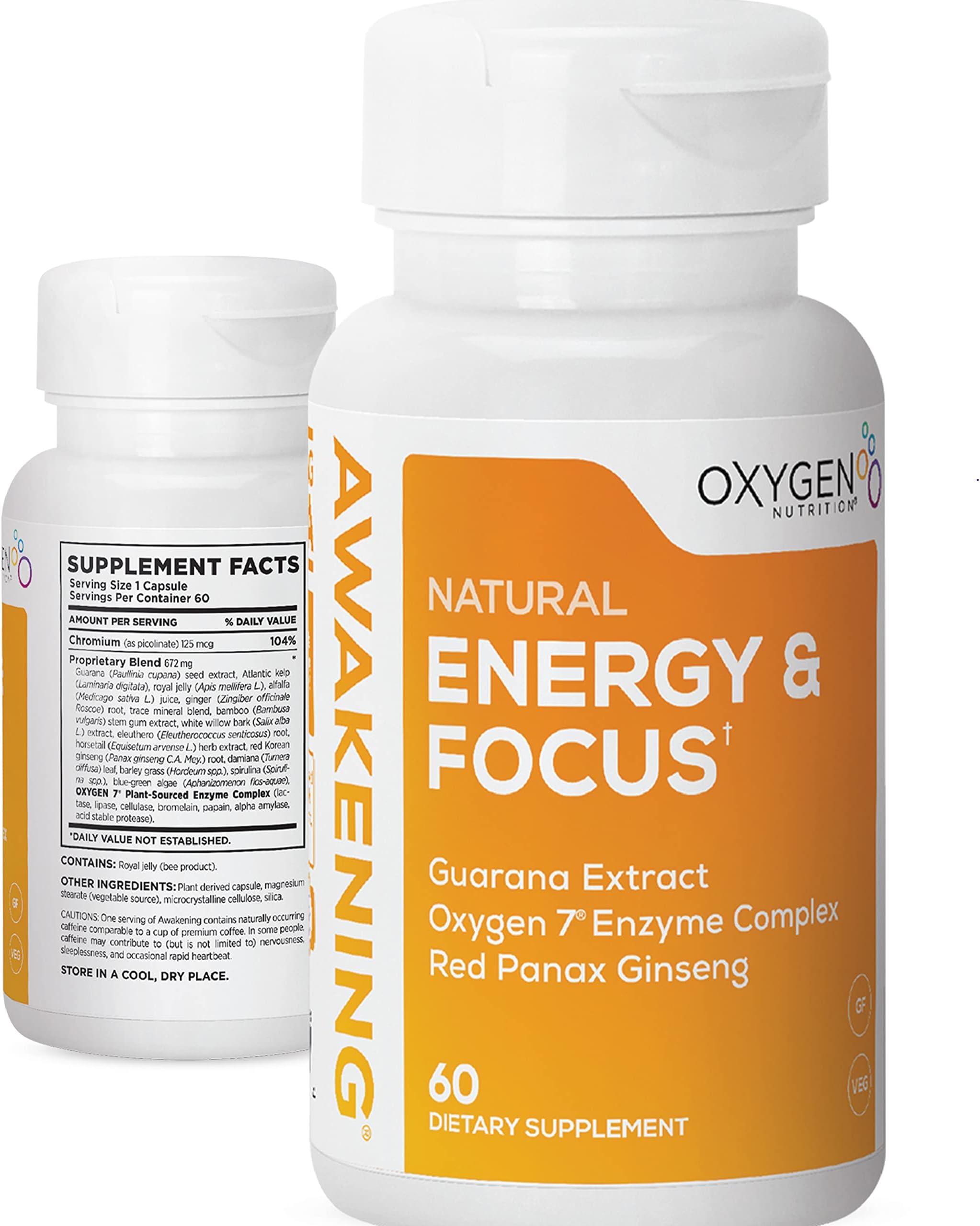 Awakening Natural Energy & Focus Supplement with Panax Ginseng, Guarana Extract & Chromium Picolinate | Brain Supplement for Focus, Energy, Mood & Clarity | Gluten Free Veggie, USA - 60 Caps