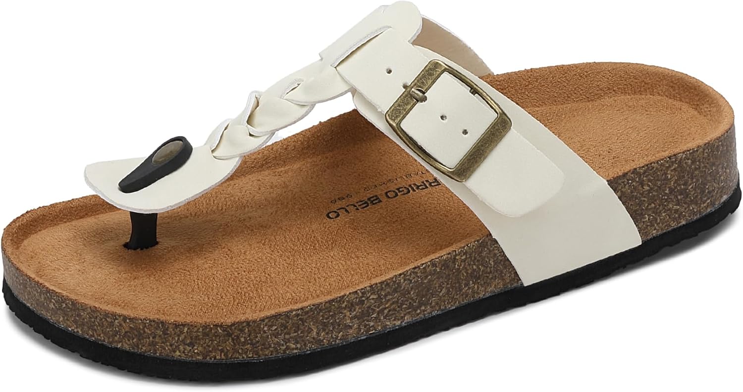 ARRIGO BELLO Thong Sandals for Women Flip Flops Cork Insoles Adjustable Buckle Straps Summer Slides Arch Support Non-Slip Insoles Sizes US 6-11