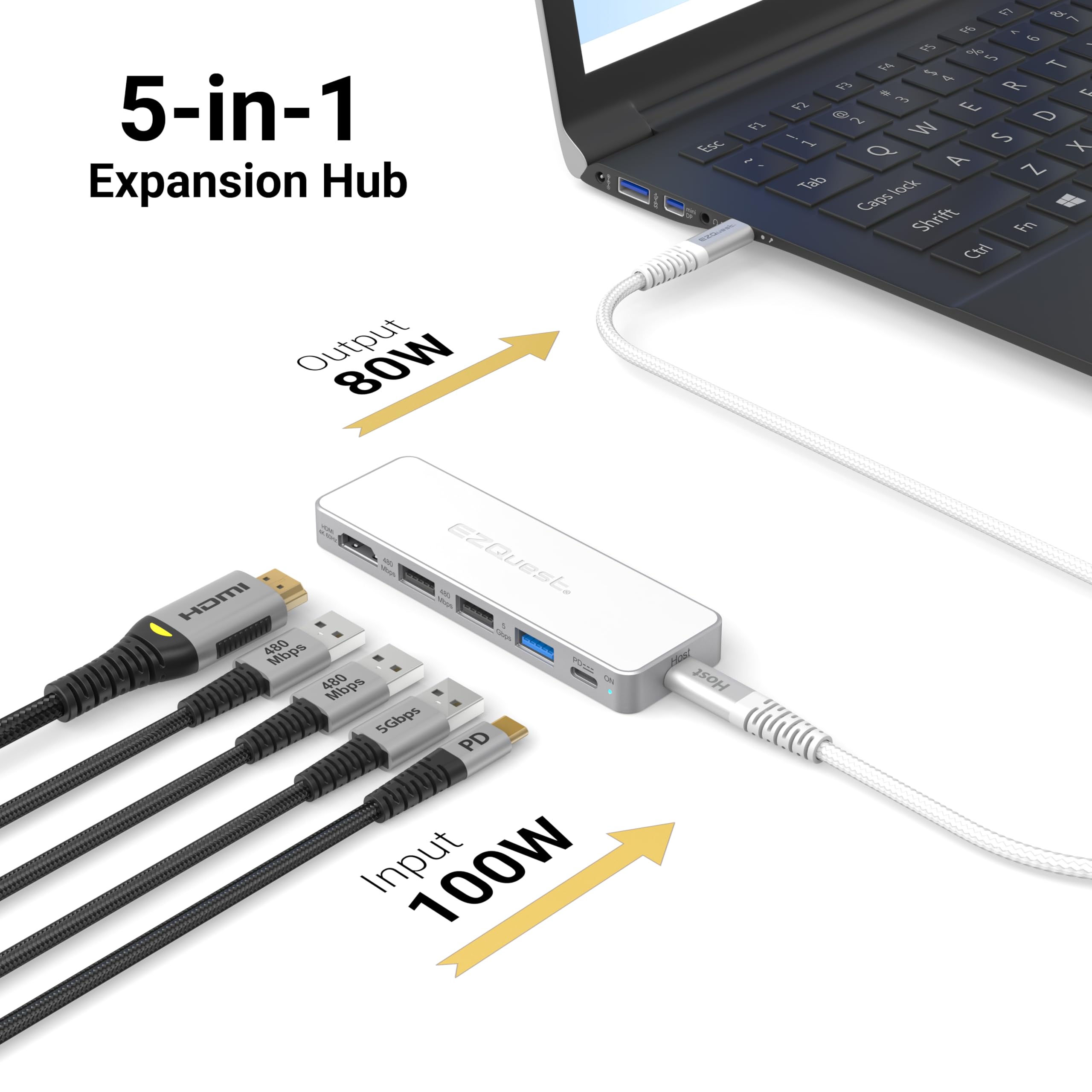 USB-C 5 en 1 Hub Pro Series: HDMI 4K 60Hz, carga PD de 100 W, datos USB 3.0, cable desmontable de 20 pulgadas. Adaptador multipuerto para MacBook Pro/Air, iPad, Windows, Thunderbolt 3/4