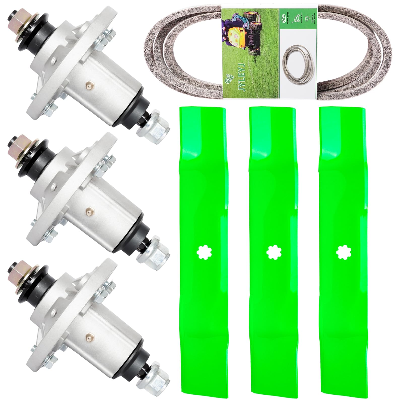 Kit de reconstrucción para cortacésped de 48 cubiertas compatible con John Dee re 145 D150 E140 LA130 incluye 3 husillos GX21694 GY21098, 3 cuchillas GY20852 GX21784, 1 Be lt GX20571
