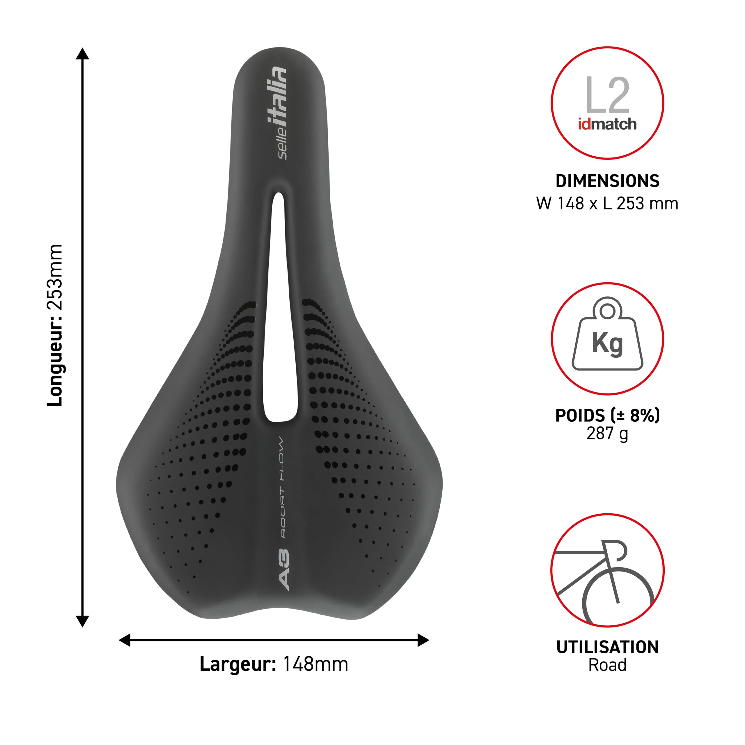 Selle Italia A3 - Selle de vélo de Route Confortable, Rembourrage en Gel, Trou Anatomique Flow, imperméable et Ergonomique