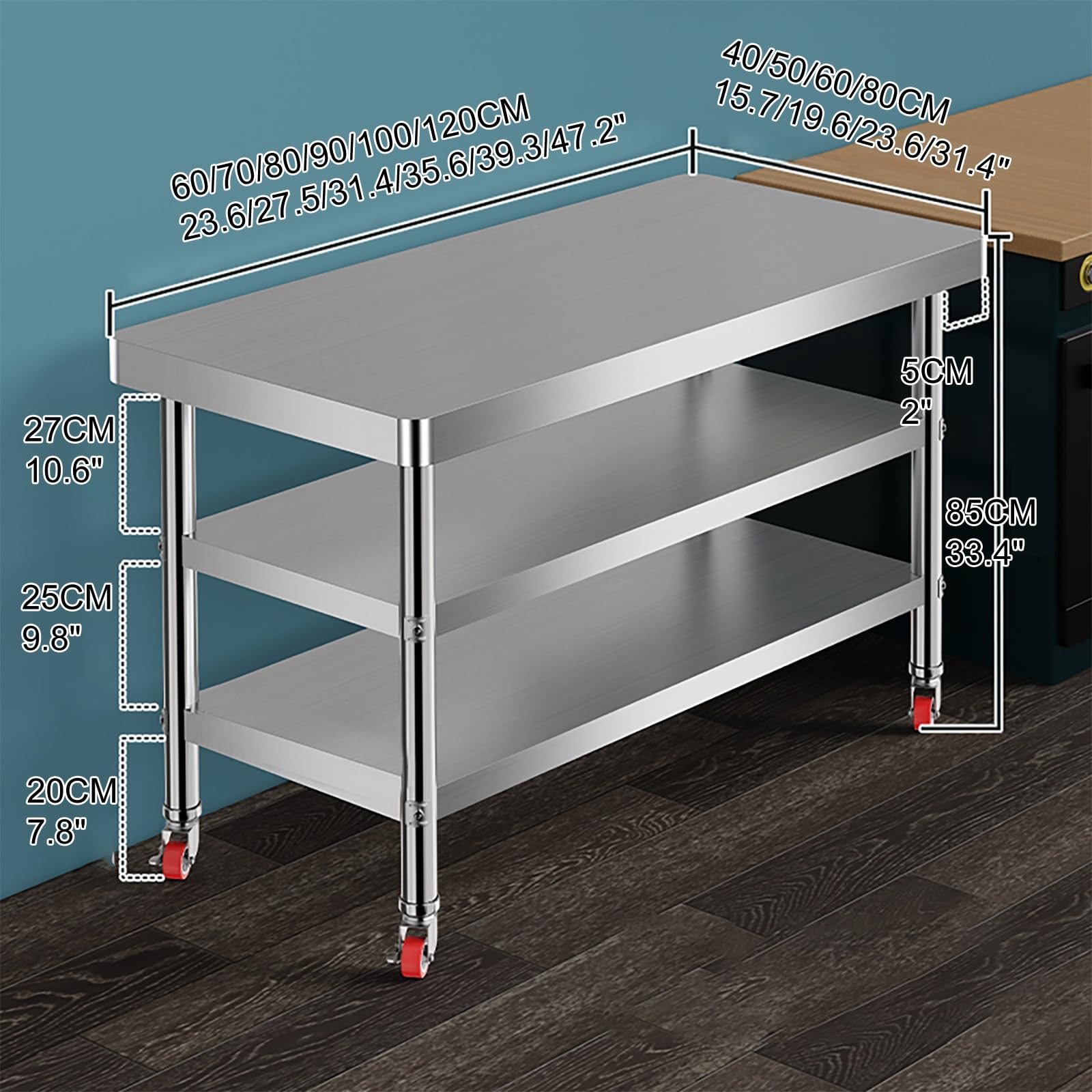 Inless - Tavolo da cucina in acciaio con piedini regolabili e 4 ruote universali, capacità 400 kg, 90 x 60 cm, per uso commerciale