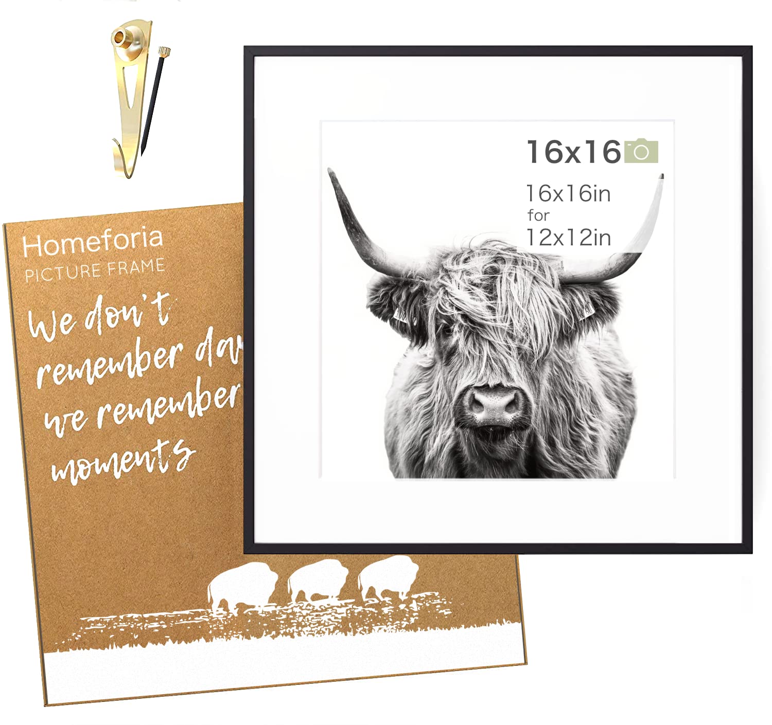 Homeforia 16x16 inch Square Picture Frame - 16 X 16 Frame Matted To 12x12 - Standard Square Photo Frames For 12 X 12 Picture- 12x12 Mat - Tempered Glass - Wall Hook Included - Set of 1 - Black