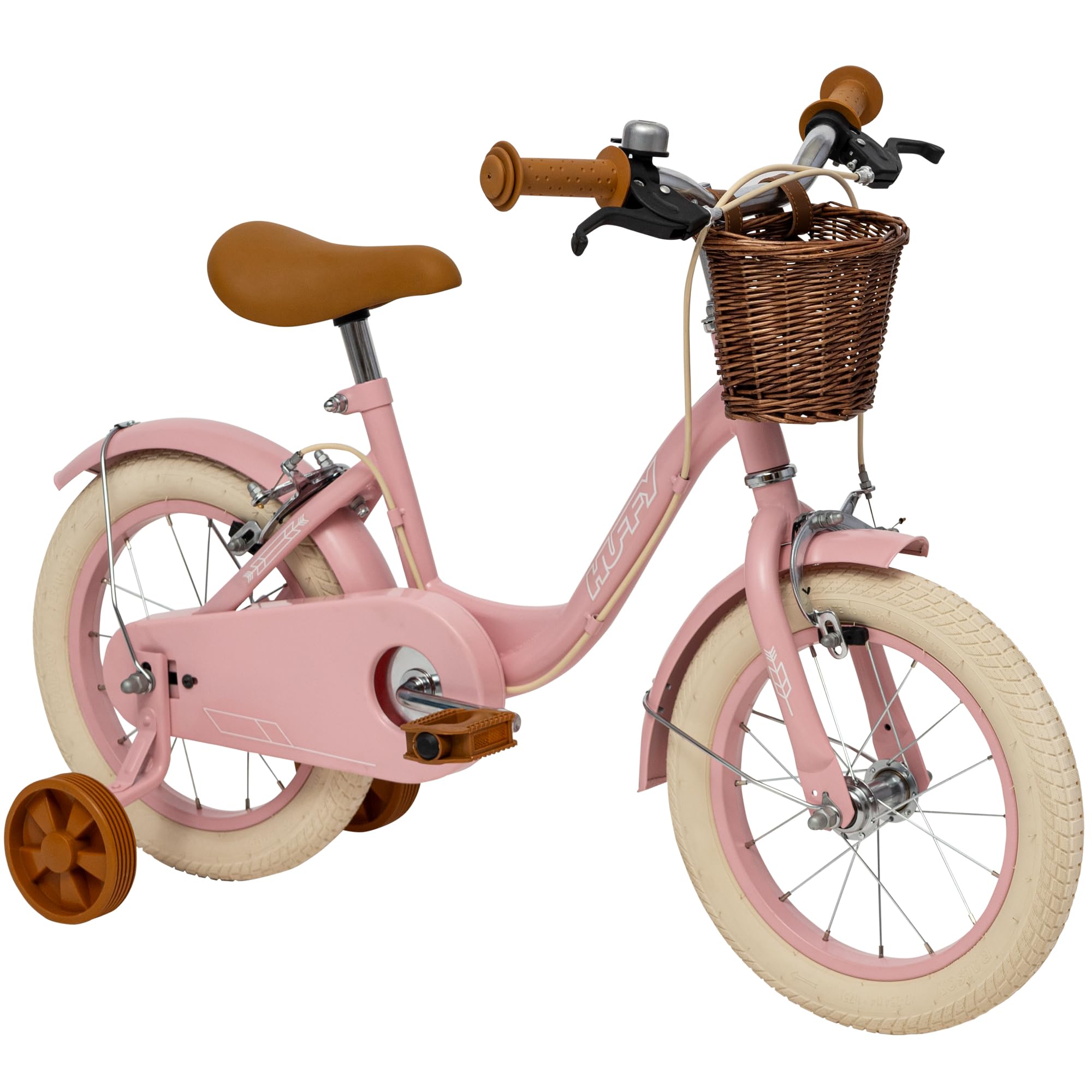 Vintage 14 Inch Childrens Bike, Dusted Pink Matte Retro Bicycle with Stabilisers, Adjustable Seat, Front and Rear Brakes, Classic Cruiser Style for Ages 4 to 6