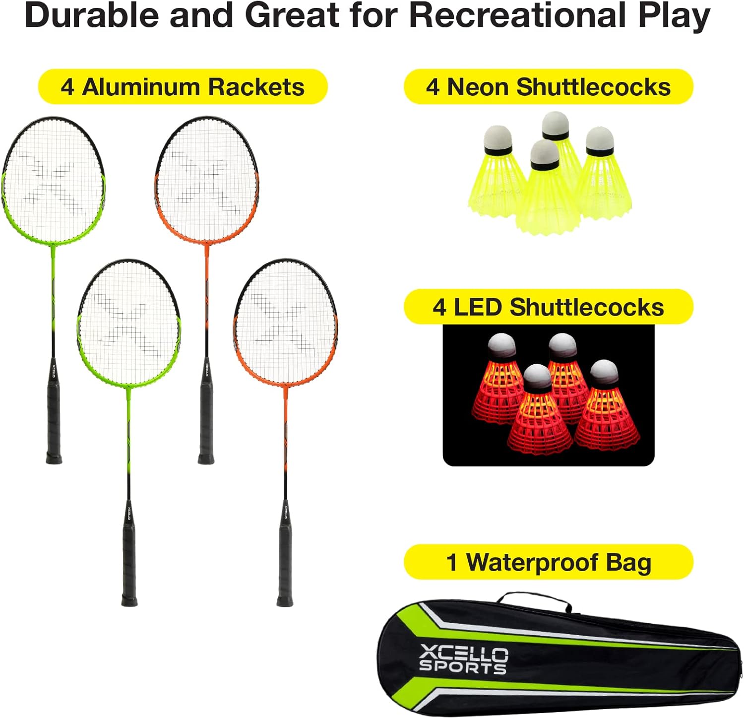 Xcello Sports Badminton Racket Set - 4 Rackets, 8 Shuttlecocks (4 Neon Yellow and 4 LED), Carry Bag : Sports & Outdoors