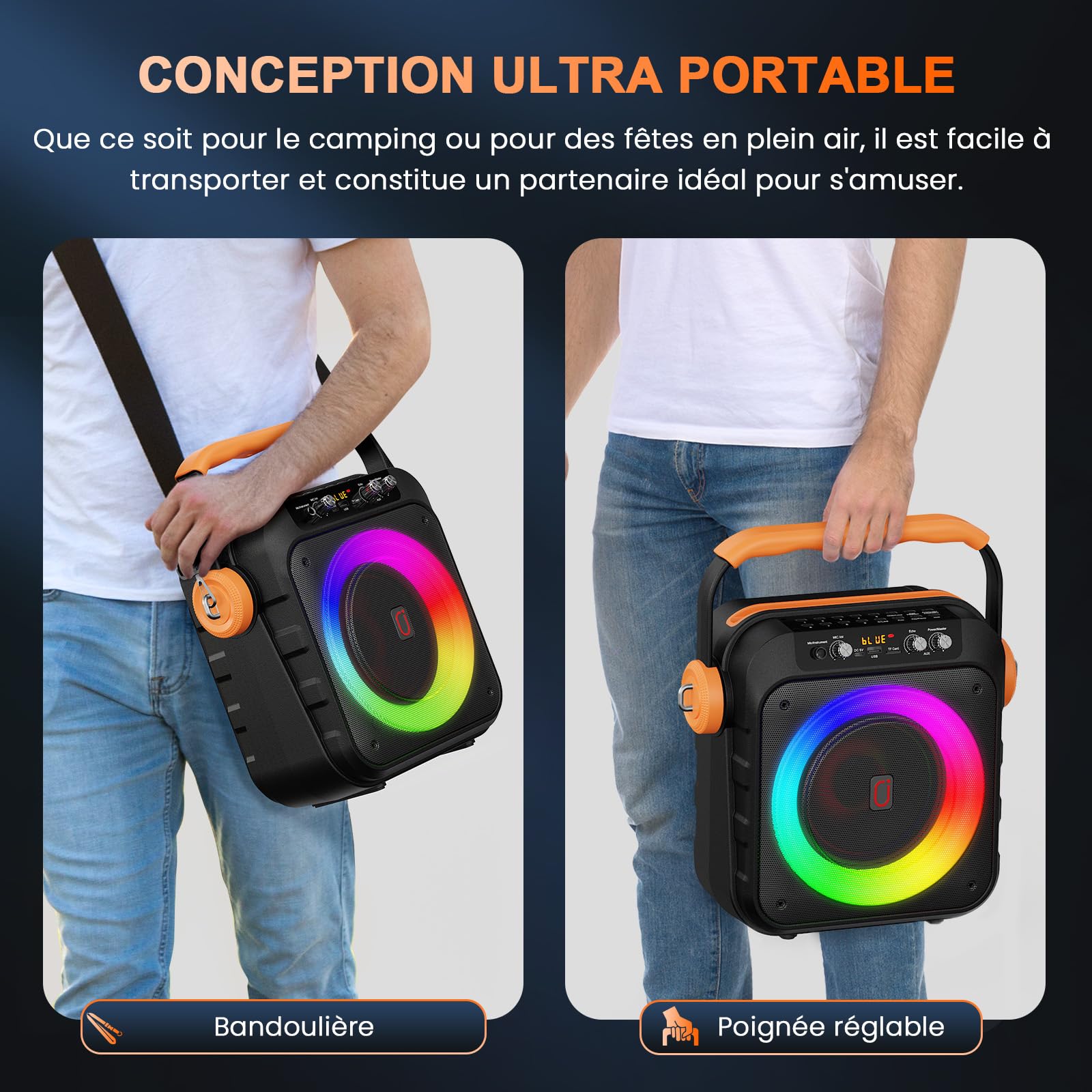 JYX Enceinte Karaoke 2 Micro sans Fil, 80W Puissance Système de Sonorisation, Subwoofer 6,8'' karaoké Professionnel, Batterie 6500mAh, Lumières LED, Idéal pour Fêtes