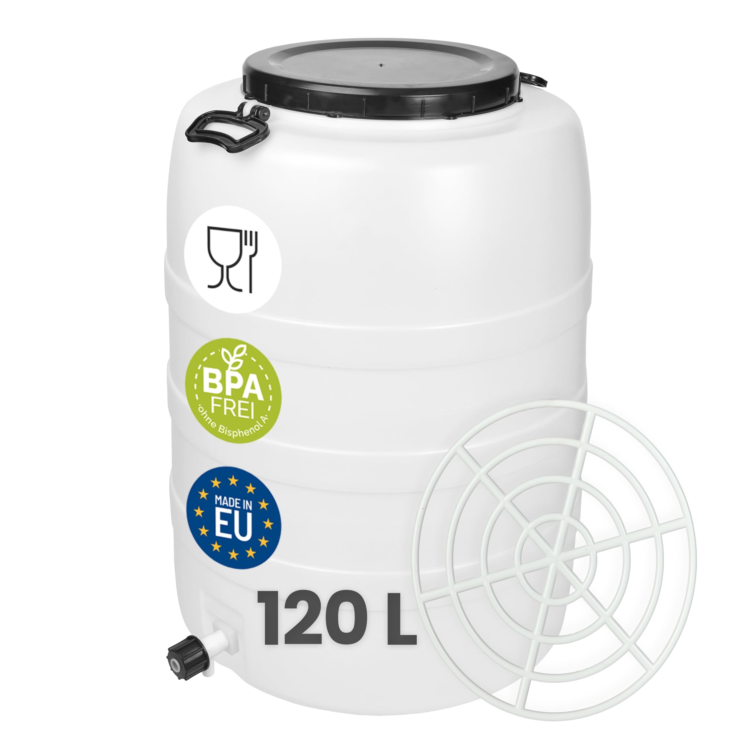 Garronda 120 L mit Hahn und Pressring Regentonne Regenfass Weithalsfass Futtertonne aus HDPE als Kunststofffass und Wasserbehälter für Wasser Lebensmittel zur Lagerung und Fermentierung GD-0187 Weiß