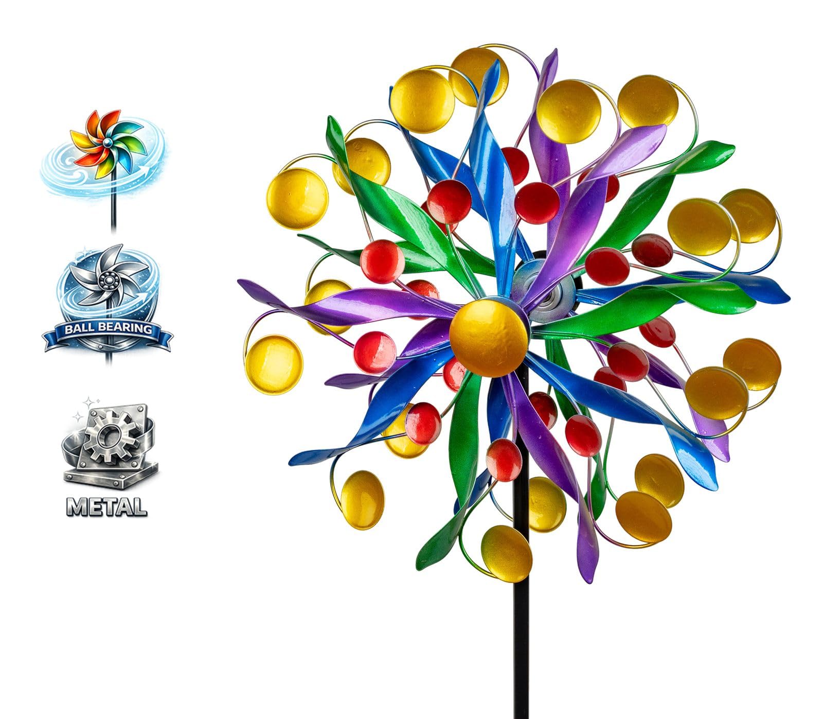 formano Girandola a vento con cerchi colorati da giardino, in metallo, ali colorate con cuscinetti a sfera, Ø 30/123 cm, mulino a vento con robusto spiedino da giardino, resistente alle intemperie