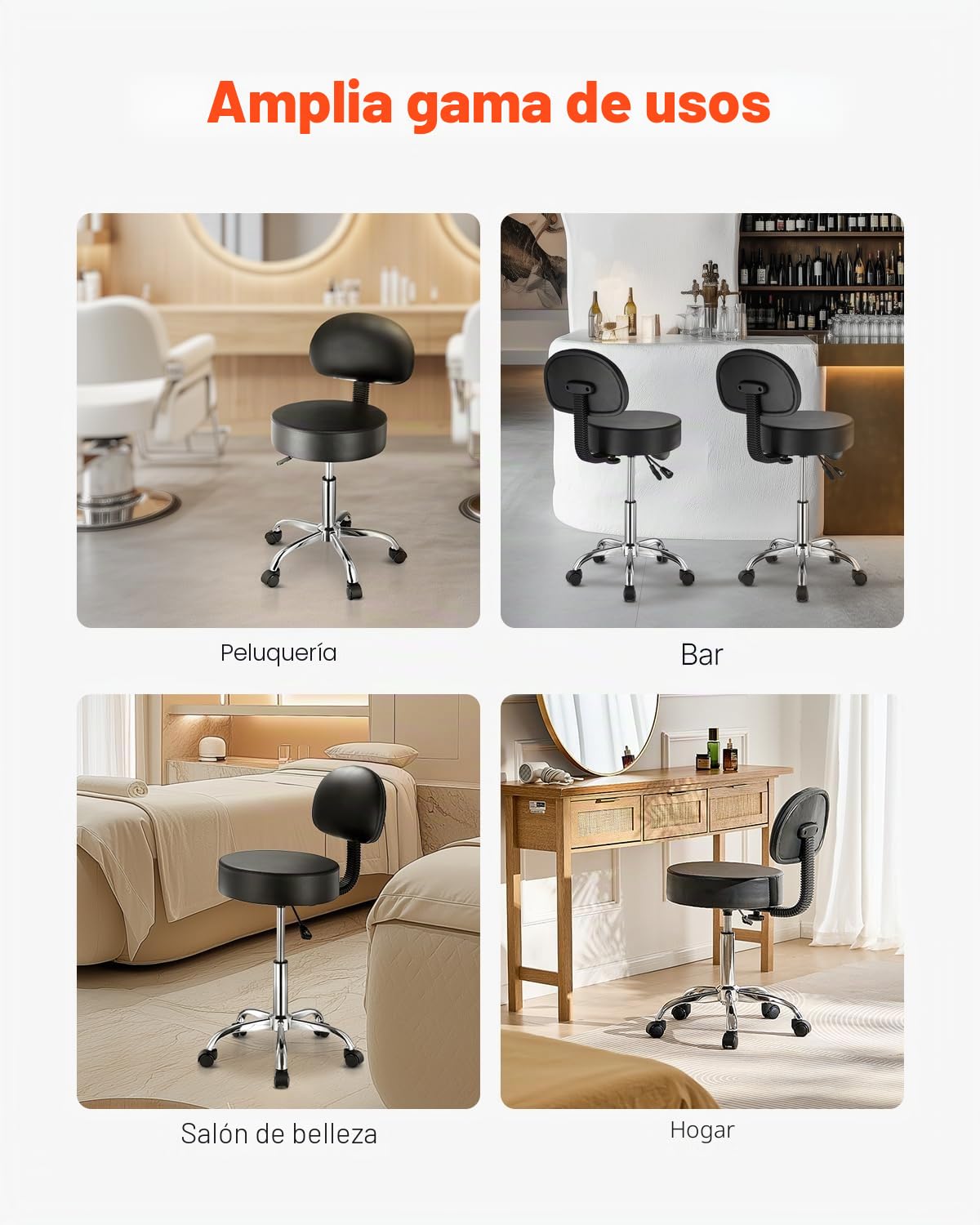 VEVOR Taburete Redondo de Altura Ajustable de 84-100 cm Carga de 204 kg, Taburete de Trabajo con Respaldo, Taburete Redondo Giratoria Ergonómica de Cuero de PU para Salón SPA Clínica de Masaje, Negro