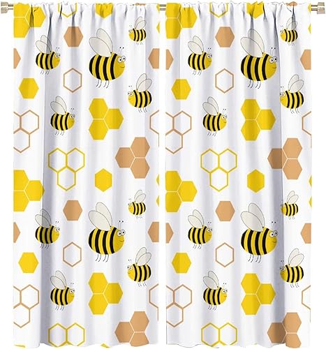 Cortinas de abejas amarillas con estampado de panal de abejas y bolsillo para barra, cortinas de ventana para dormitorio, sala de estar, 42 x 45