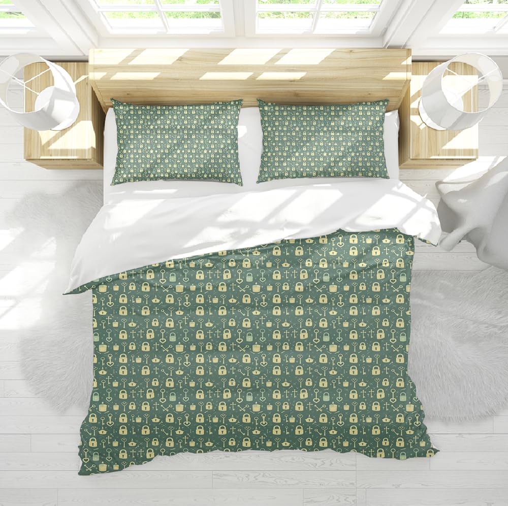 Juego Ropa Cama Suave y Transpirable con Estampado de Dibujos Animados Set de Fundas de edredón de 3 Piezas con Patrones Beige Verdes 2 Fundas de Almohada para habitación bebé 240 x 220 cm