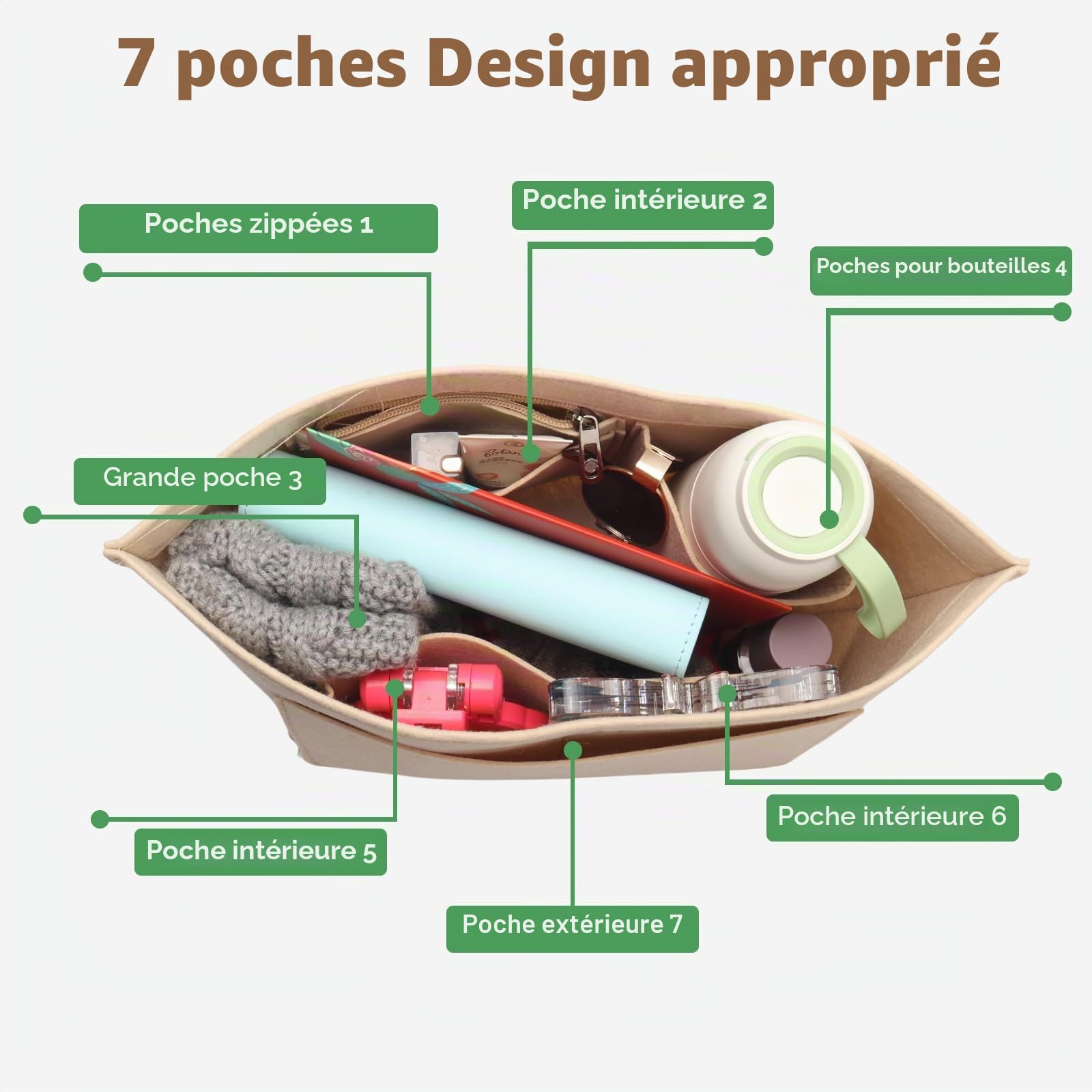 Organiseur de sac à main en feutre pour Longchamp L, pliable, Beige