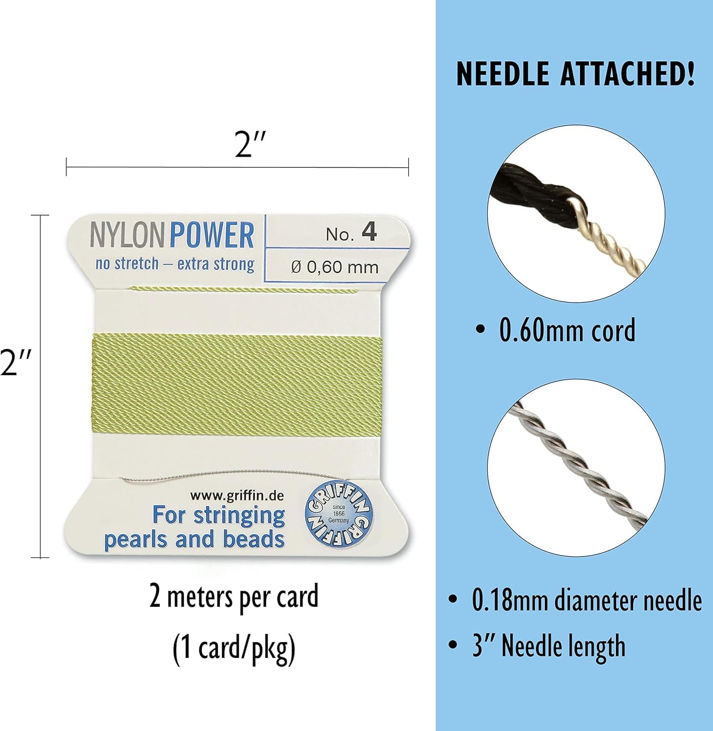 Griffin Bead Cord Nylon Jade #4 - Griffin NylonPower with Stainless Steel Needle Attached – for Knotting Pearls, Gemstones, Crystals and Beads