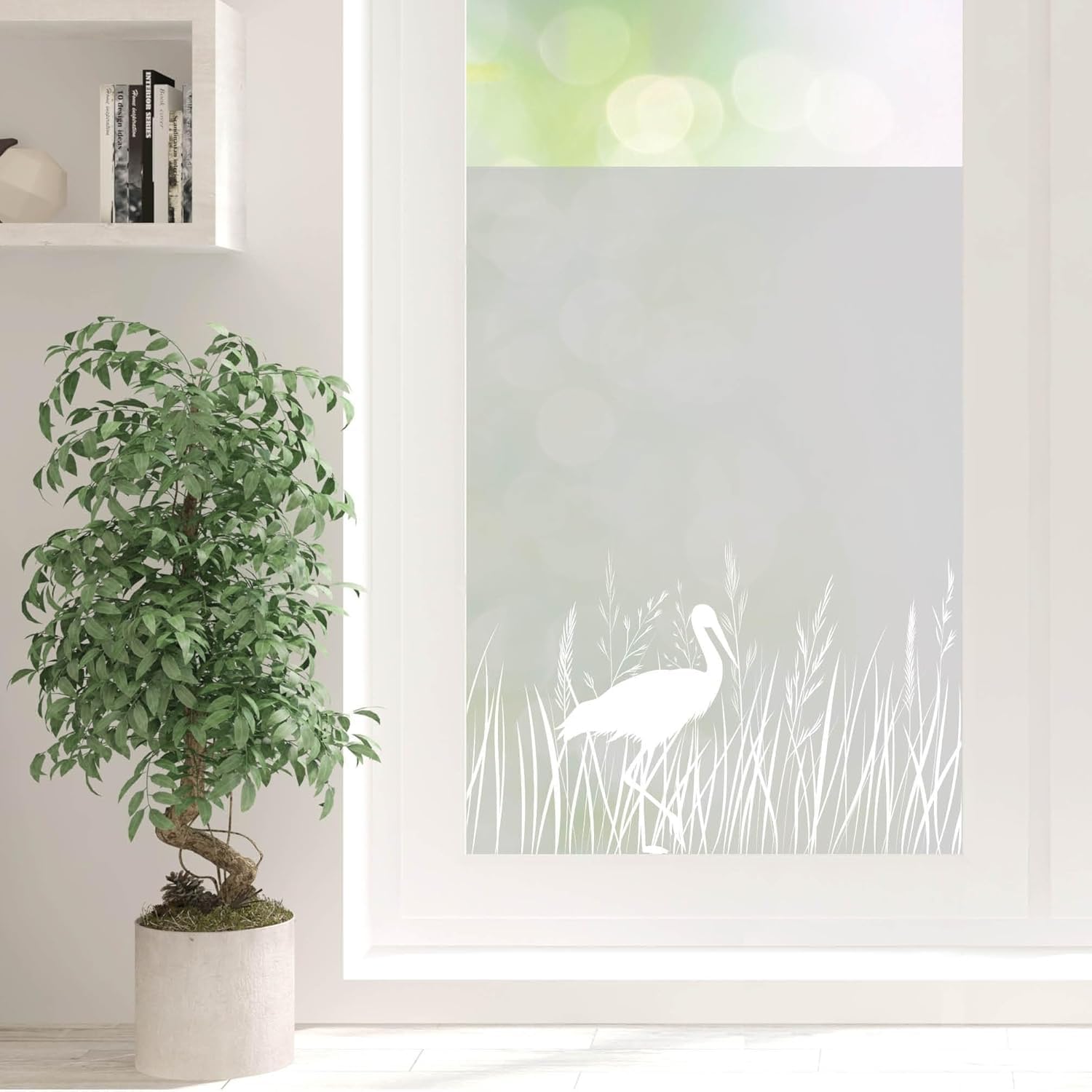 Sichtschutzfolie Storch und Gräser Wildblumen Florale Fensterfolie Fensterdeko Milchglasfolie Folie Fenster, 55 cm hoch, 200 cm breit
