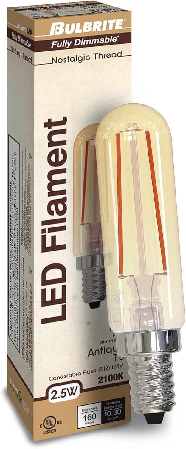 Bulbrite 776904 LED Filament 2.5 Watt T6 Light Bulb with an Antique Finish and a Candelabra Screw E12 Base - 2100K (Amber Light) 160 Lumens - 25 Packs