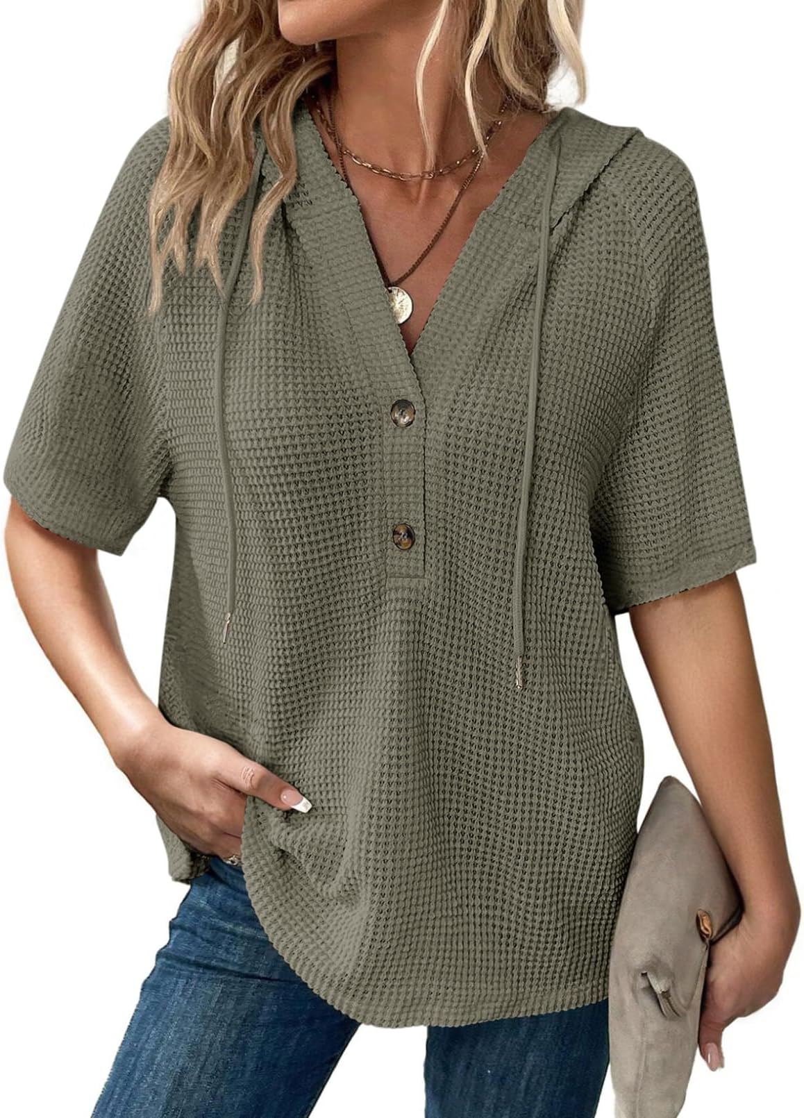 – Women's Hoodies Waffle Knit Ladies T-Shirts Drawstring Button Womens Pullover Sweatshirt V Neck Short Sleeve Jumpers Women Hooded Tops Plain Lady Hoodie Top Tee Shirts S-XXL