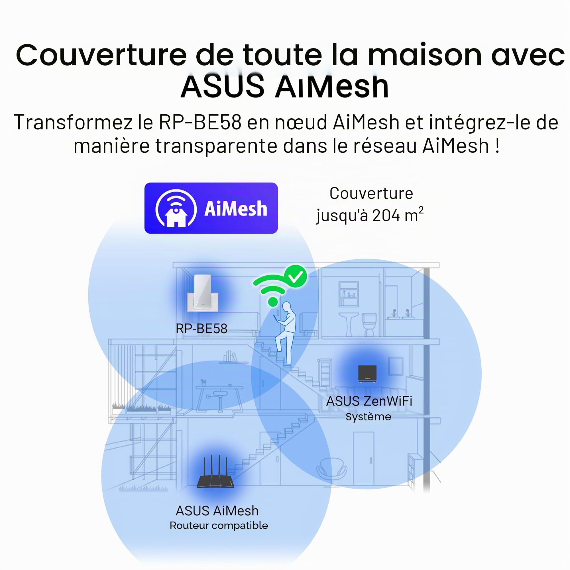 ASUS RP-BE58 - Répéteur Wi-FI 7 (802.11be) BE3600 - Double blande - AiMesh Extender - 4096-QAM - MLO - Installation Facile avec l'application ASUS Router