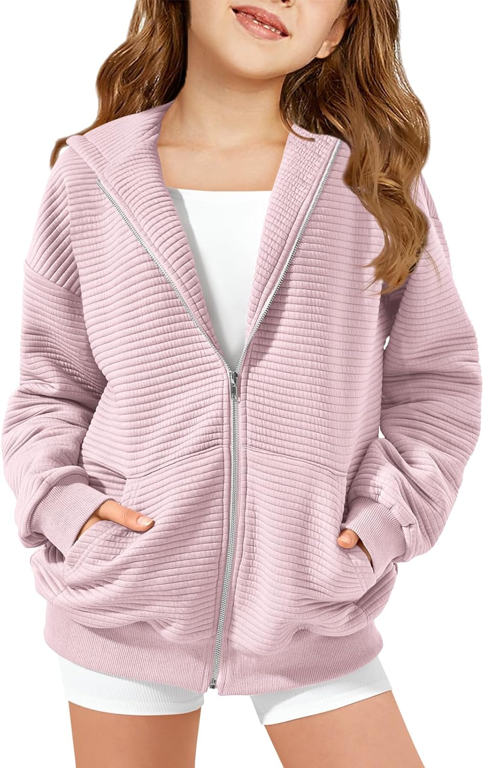 Haloumoning Girls Zip Up Hoodie Kids Fashion Oversized Textured Sweatshirt Jacket with Pockets 5-14 Years