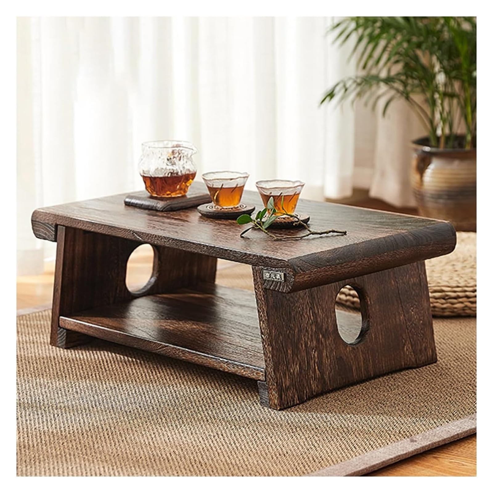 Table basse japonaise pliante bois massif marron foncé style rétro zen