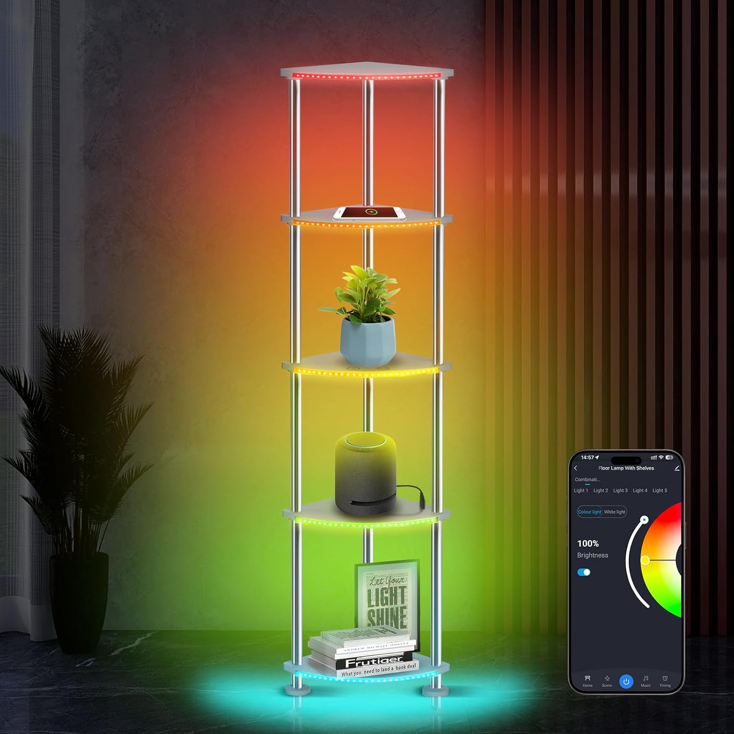 Floor Lamp with Shelves Corner Shelf with Lights Standing Lamp with Charging Stake APP Control Music Sync Multicolor Corner Lamp for Living Room White 5 Tier White-5Tier