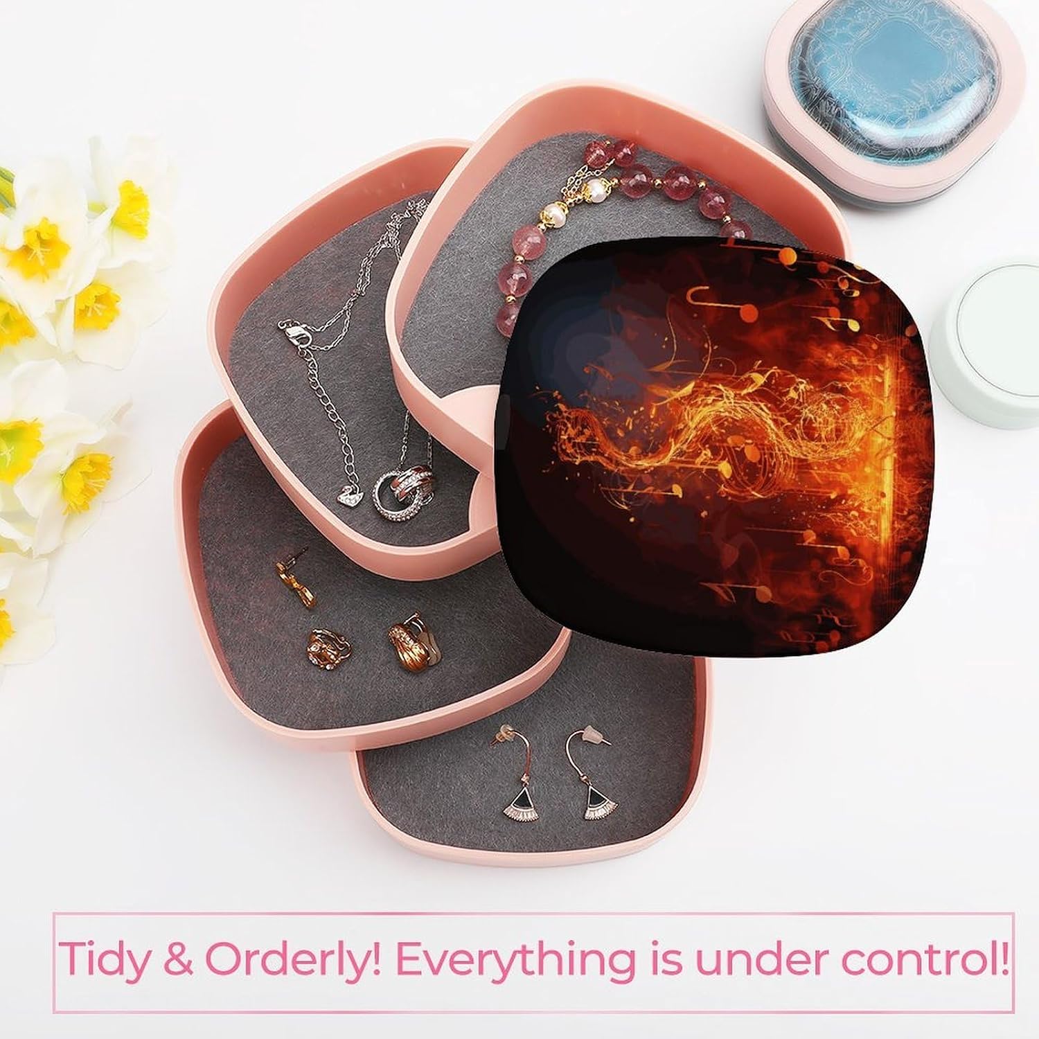 Red Flame Music Note Jewelry Box 360° Rotating Large Capacity Jewelrys Organize 4-Layer Rotating Travel Jewelry Tray Case with Lid Personalized Women Jewelrys Storage Case image 5