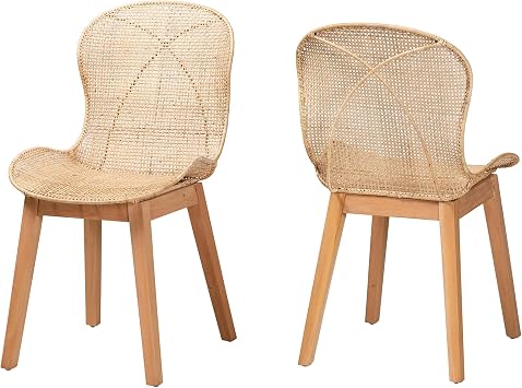 bali & pari Sabelle Japandi Natural Rattan and Mahogany Wood 2-Piece Dining Chair Set