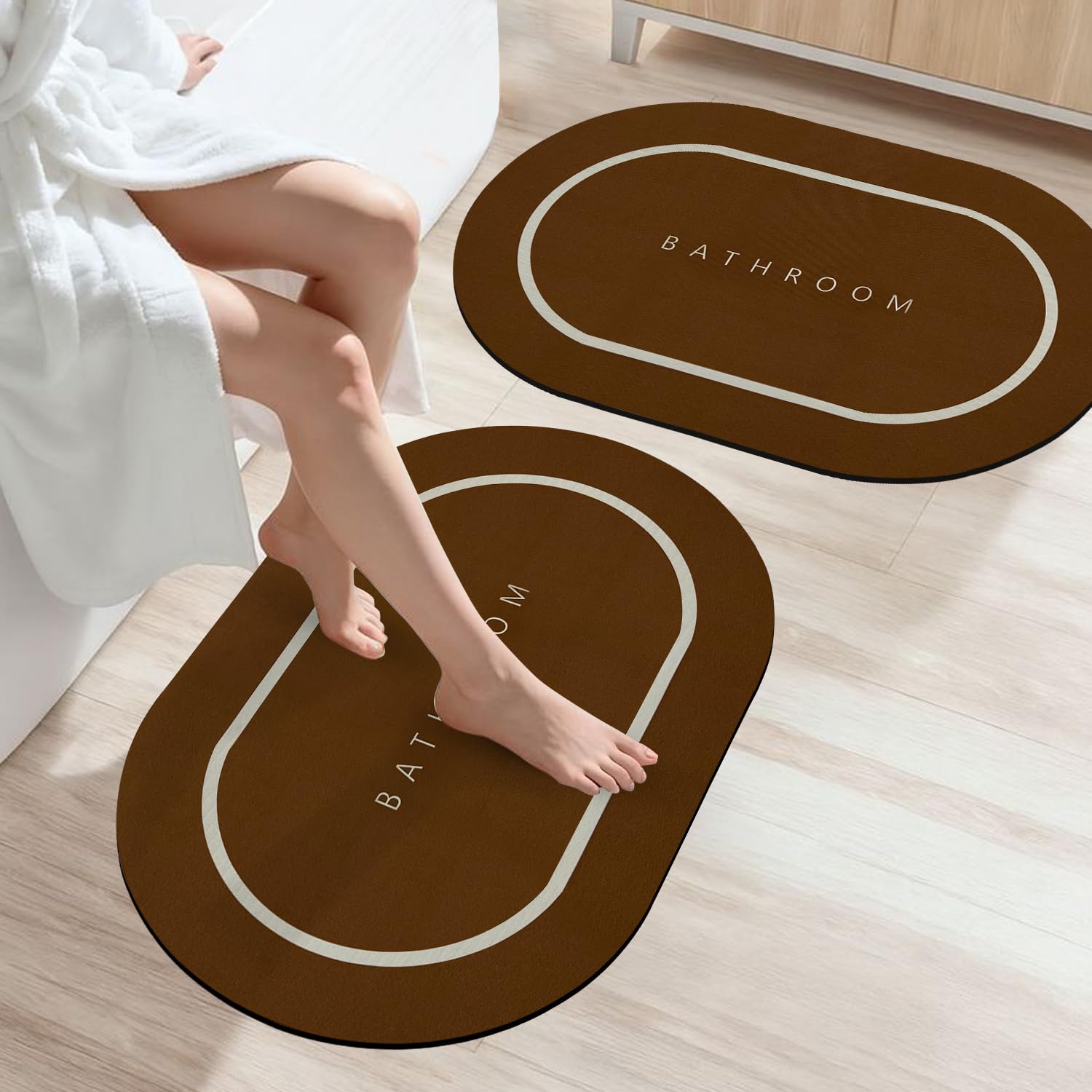 SITTELLA Rubber 3 Pieces (3.5Mm) Anti - Skid Water Soaking Bathroom Oval Print Door Mat, Water Absorbent Mat (40X60Cm) Brown