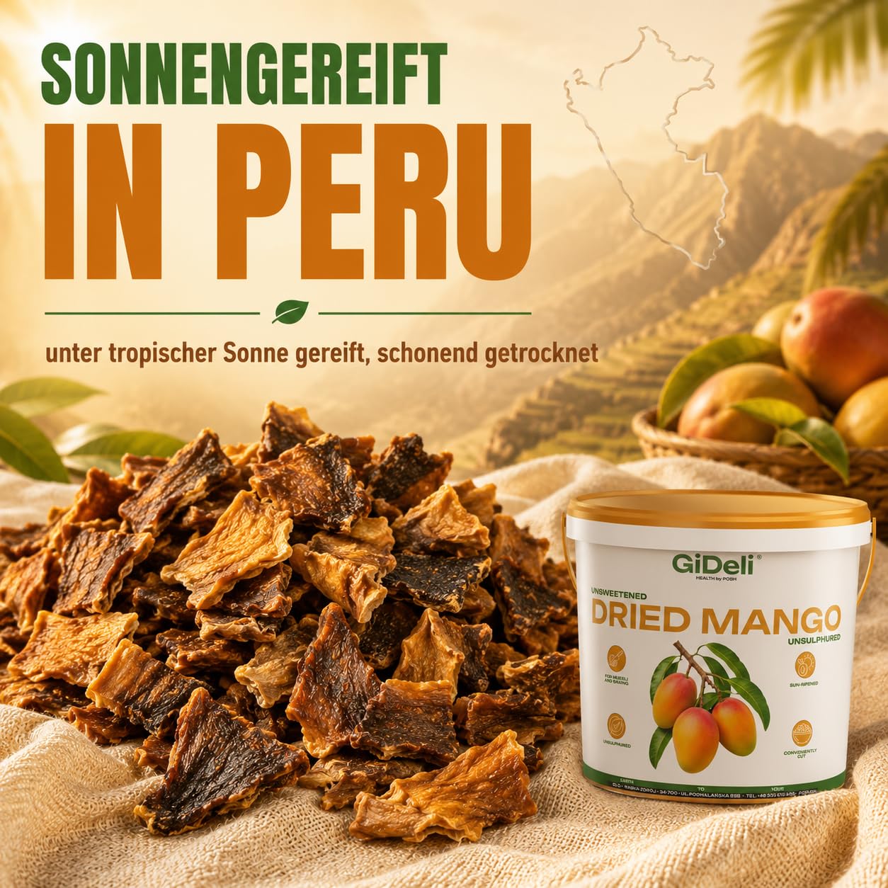 GiDeli Getrocknete Mango Ungesüßt Ungeschwefelt 10kg im Eimer - Naturbelassene Trockenfrucht ohne Zuckerzusatz - Sonnengereifte Mangostreifen - Natürliche Ballaststoffquelle - Ideal für Müsli & Backen