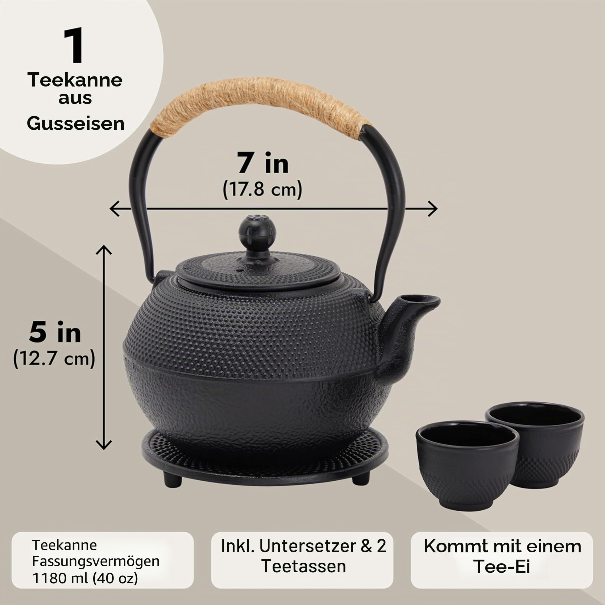 Juvale Japanisches Teeset mit Gusseisen-Teekanne (1200ml), Untersetzer und 2 Becher, Teeset im Tetsubin-Stil, Schwarz