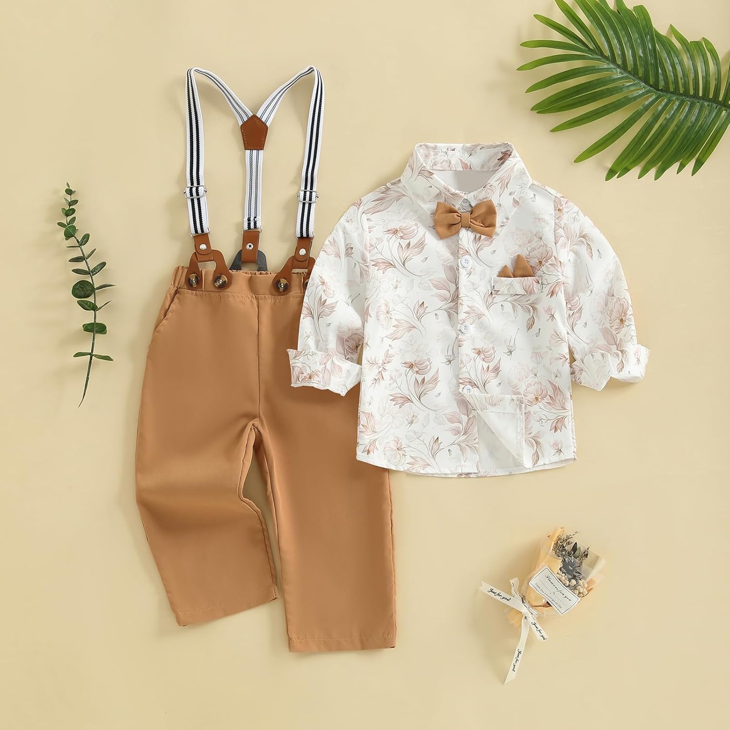 fhutpw Toddler Boy Clothes Suit Formal Dress Shirt with Bowtie & Suspender Pants Kids Gentleman 3pcs Wedding Outfits - Image 3