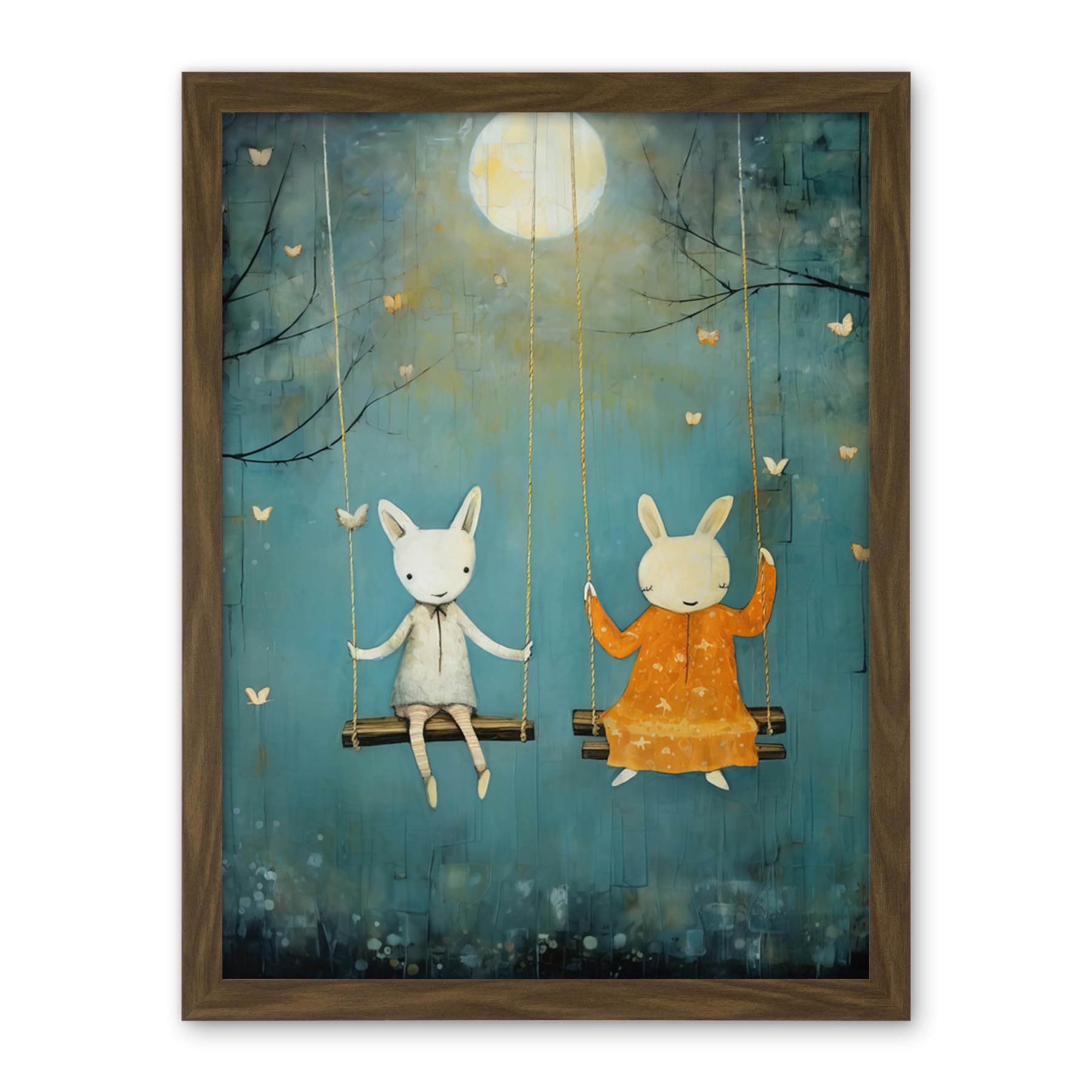 Artery8 Rabbits on a Swing with Moonlit Butterflies Calming Baby Nursery Artwork Framed Wall Art Print 18X24 Inch