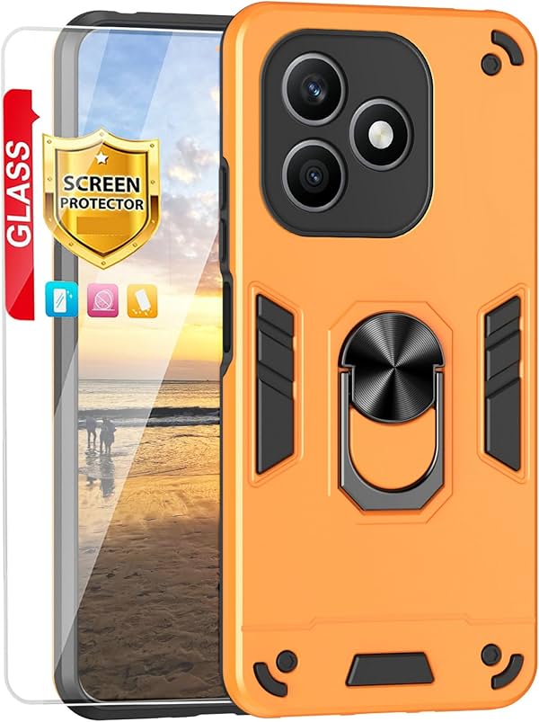 Funda compatible con Honor X8d [con 1 protector de pantalla] con anillo magnético y soporte, diseño de doble capa con protección contra caídas, naranja