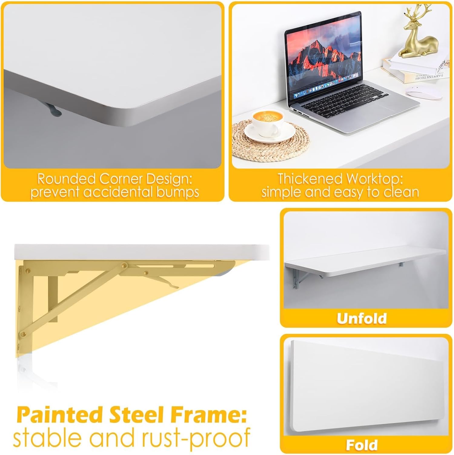 Foldable Laundry Folding Table - Wall Mounted Desk for Workshop, Garage, Home, Office, Kitchen, Dining Room - Space-Saving Floating Desk in White (40x20cm)