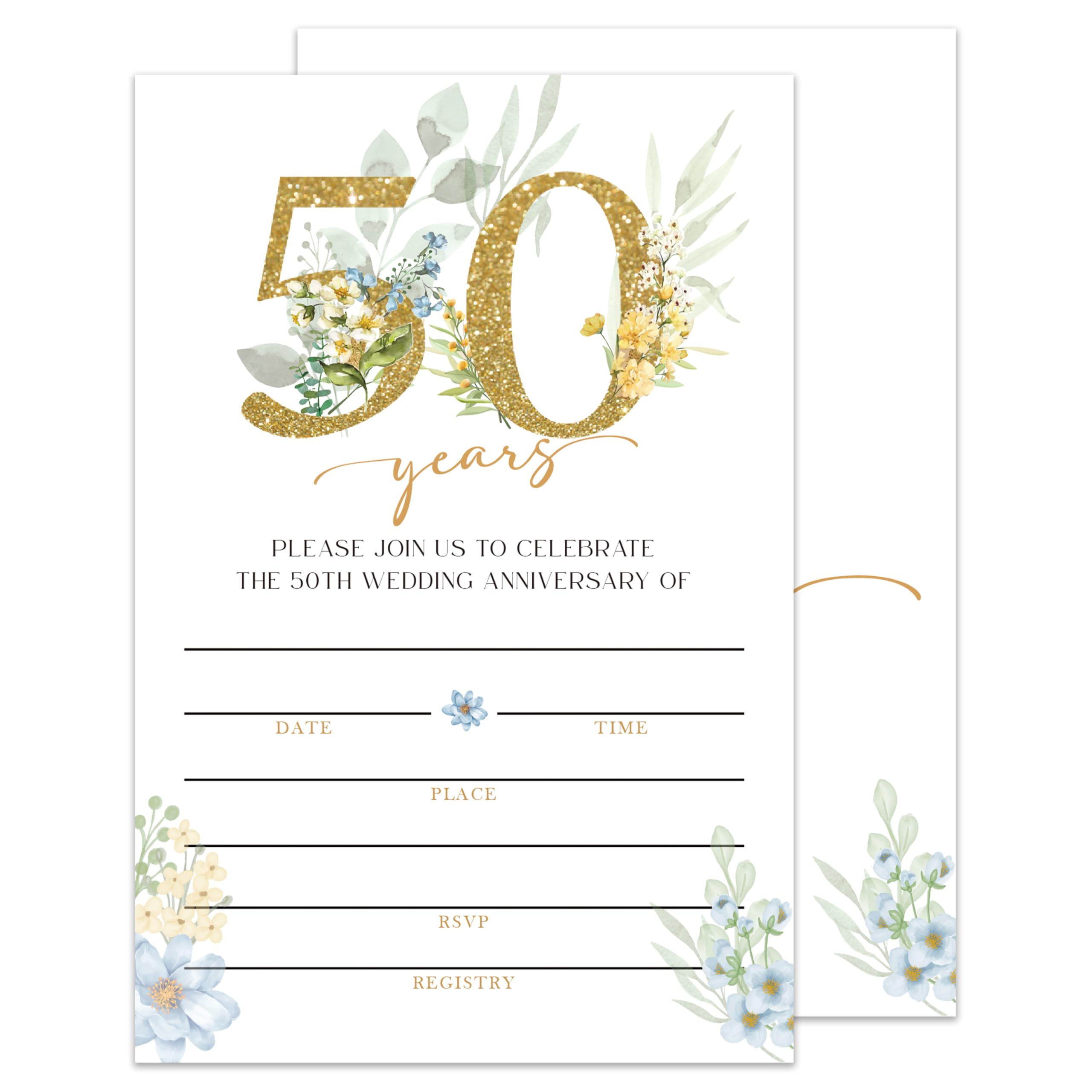 50 Years Anniversary Floral Bridal Shower Invitations, 50th Year Wedding Invitations, Fill-in Style Bridal Shower Invites with Envelopes (25 Sets)-